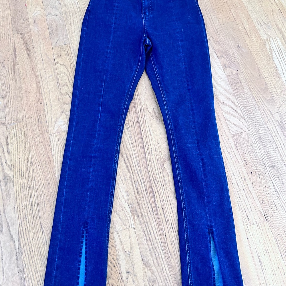 Ladies Size 29 "Black Tape" Blue Flare Jeans SLIT Legs Style GUC ❤️